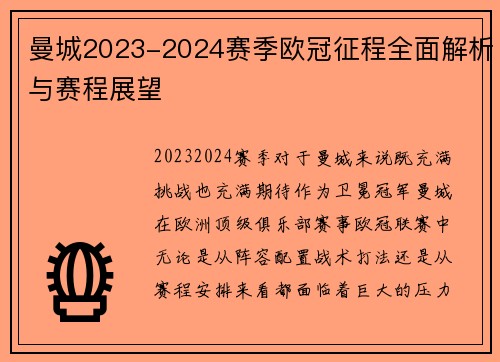 曼城2023-2024赛季欧冠征程全面解析与赛程展望
