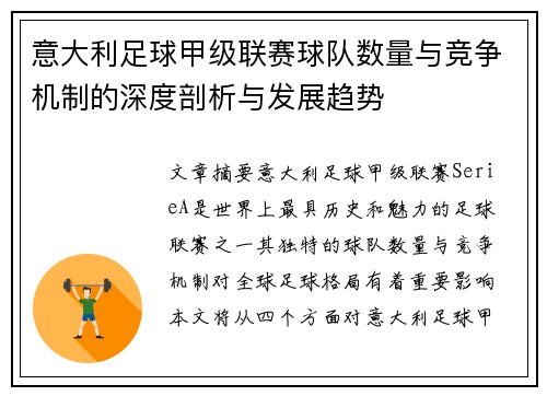 意大利足球甲级联赛球队数量与竞争机制的深度剖析与发展趋势